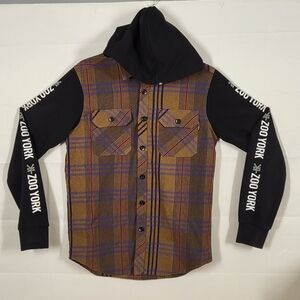 Zoo York Brown Plaid Button-Front Hoodie Shirt with Black Sleeves